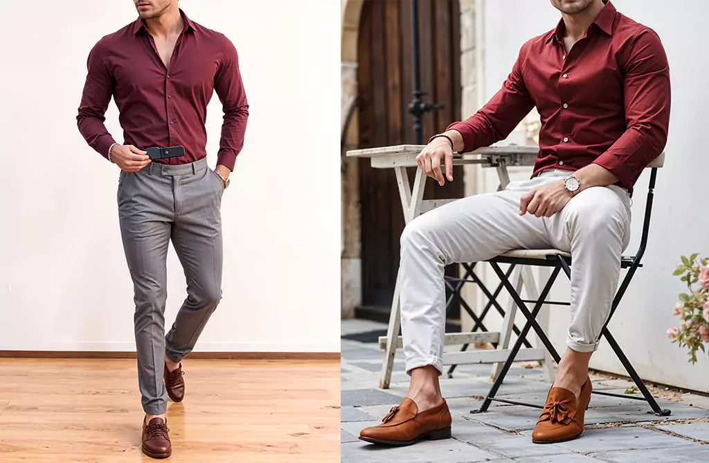 Collection of Men in Burgundy Shirts Styled with Formal and Semi-Casual Pants in a gallery layout