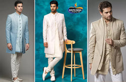 Collection of Men in Blue, Ivory, and Beige Sherwanis from South India Shopping Mall in a gallery layout