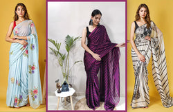 Collection of Floral Striped Sarees in Blue Purple and Black White Tones in a gallery layout