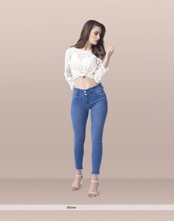 Collection of Focus Mid Rise Stretchable Women Stone Blue Jeans in a gallery layout