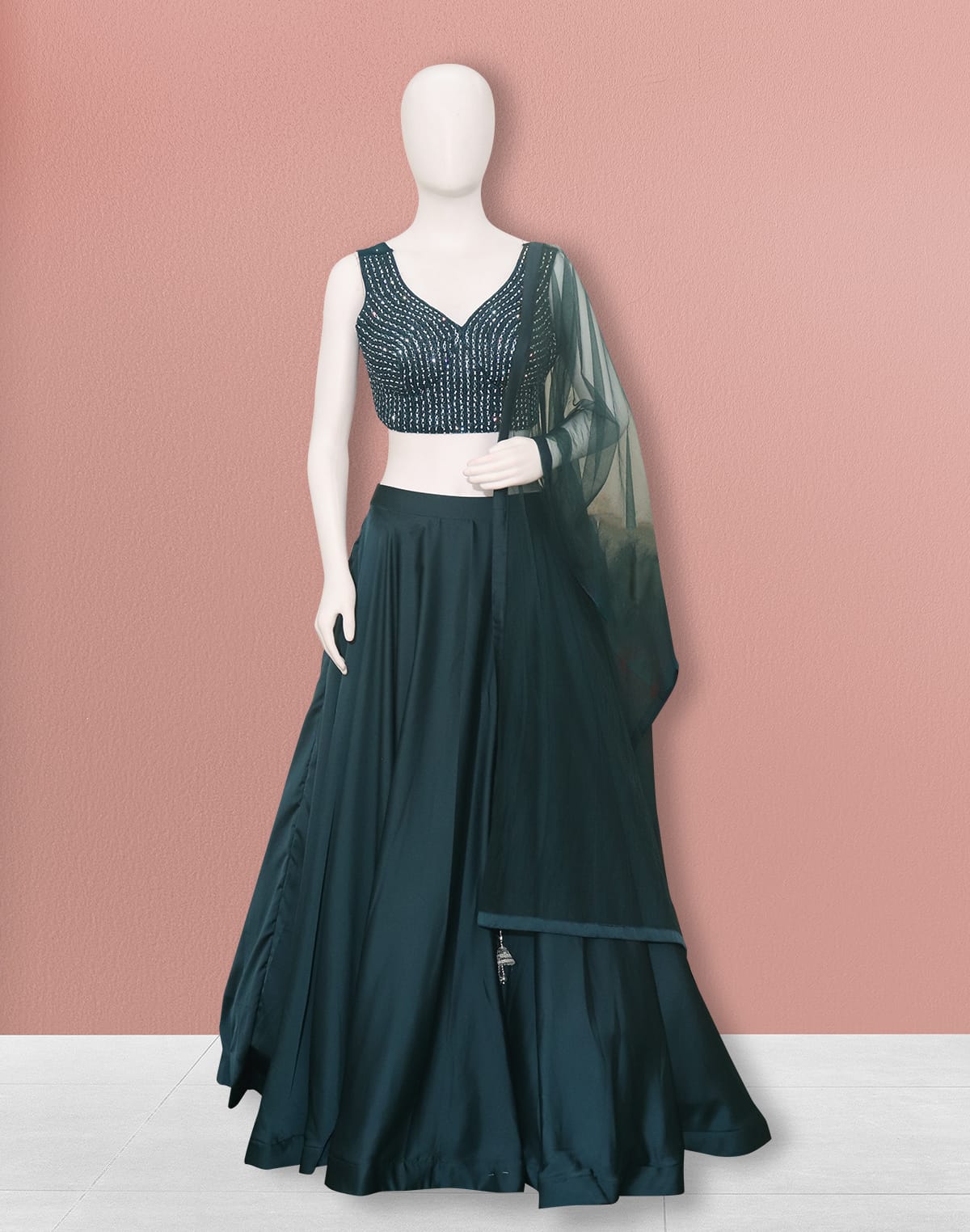 Collection of Designer Teal Blue Netted Stones work Crop Top and Lehenga Set in a gallery layout