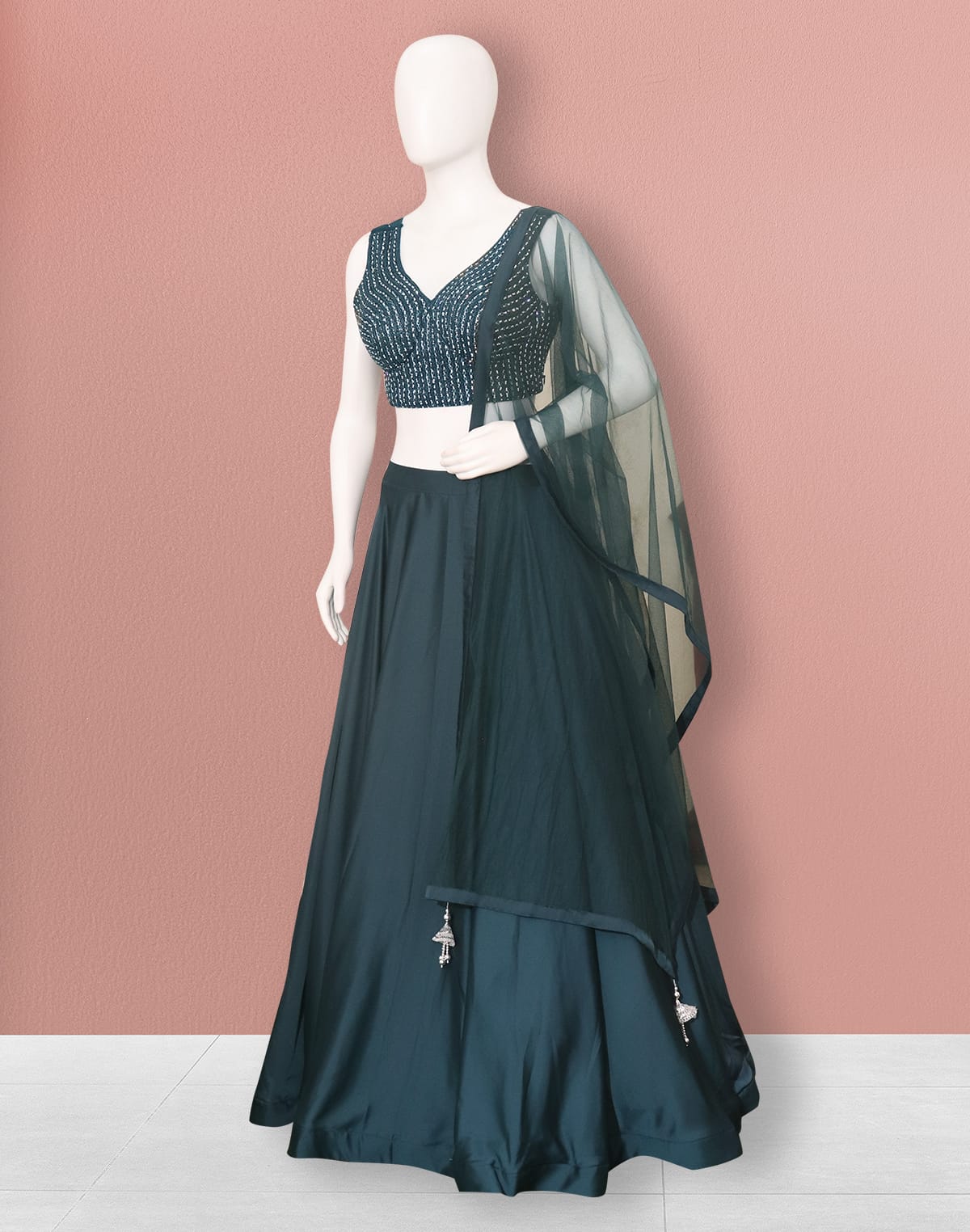 Designer Teal Blue Netted Stones work Crop Top and Lehenga Set