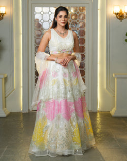 Collection of Designer Off White Floral Netted Heavy Pearls work Crop Top and Lehenga Set in a gallery layout