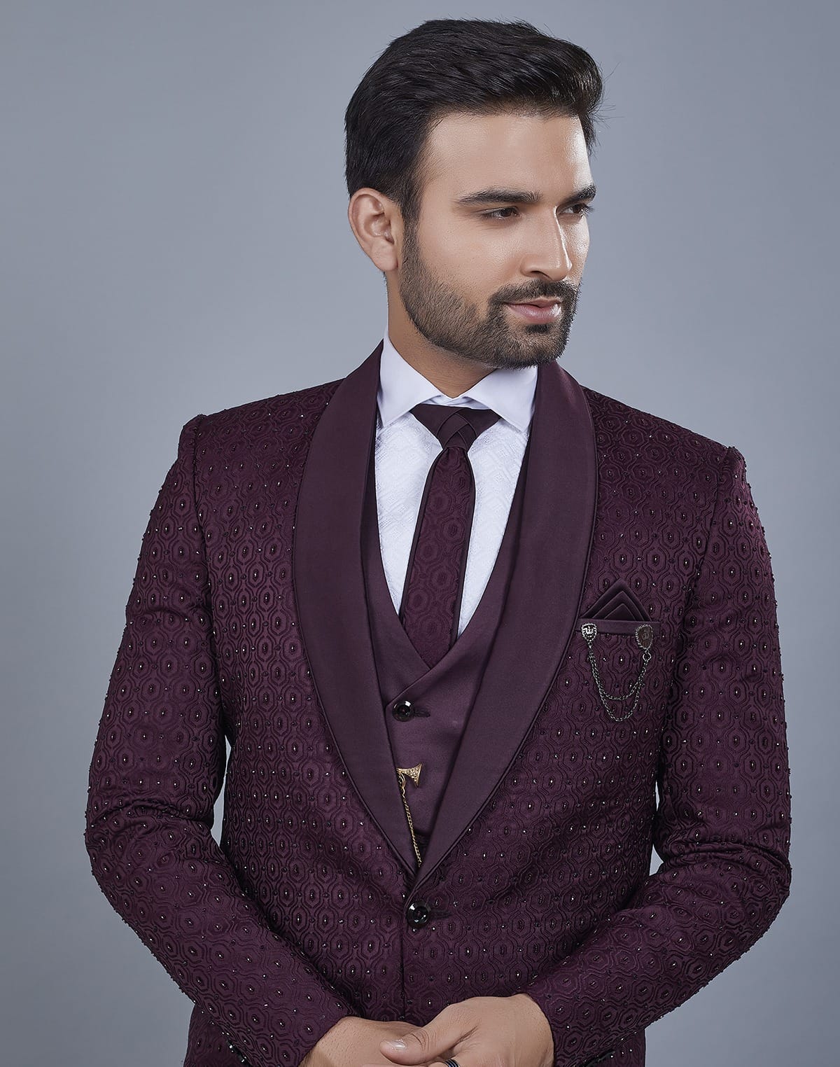 Collection of Attractive Wine 5 Pc Imported Fabric Designer Suit in a gallery layout