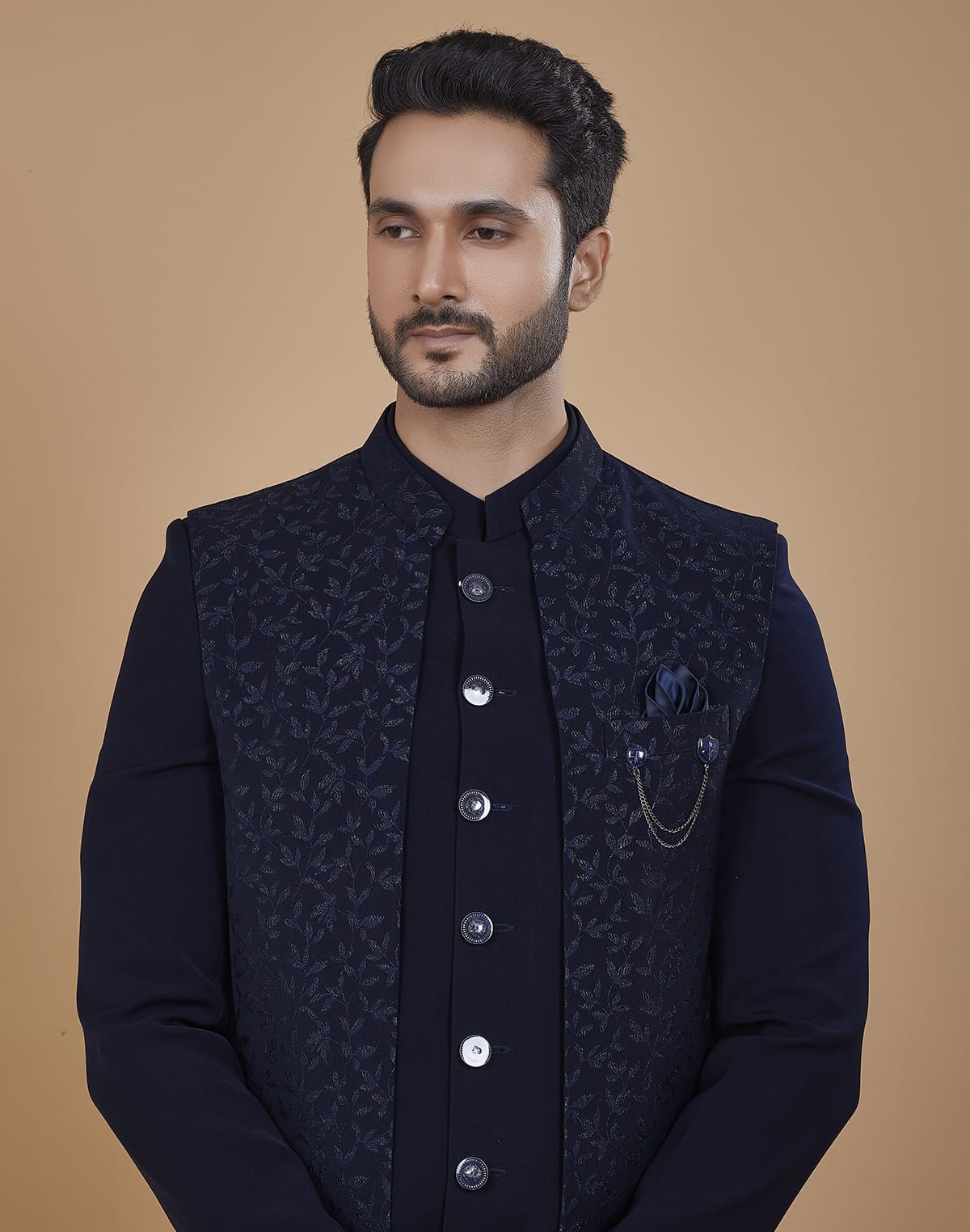 Collection of Stylish Blue Coloured Polynosic Fabric with Jacket style Bandhagala Set in a gallery layout