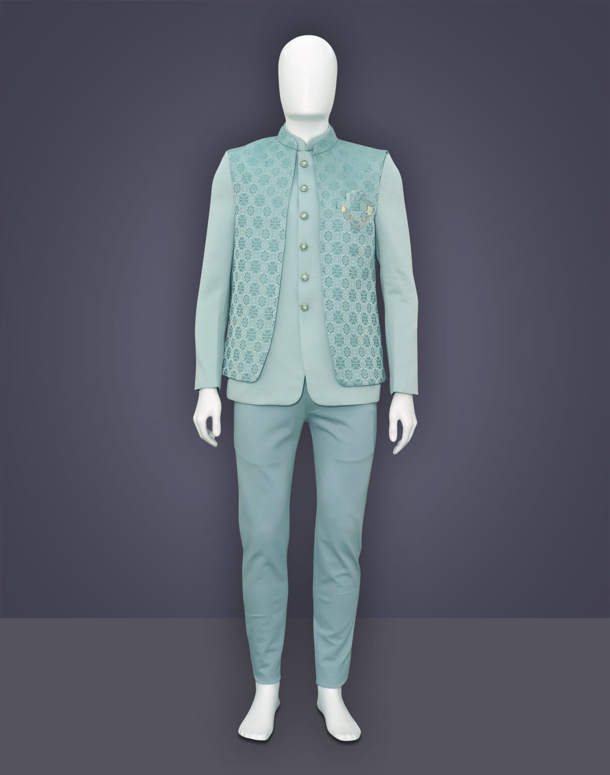 Collection of Pista Green Woven Bandhgala Suit in Jacquard with Unstitched Trouser in a gallery layout