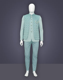 Collection of Pista Green Woven Bandhgala Suit in Jacquard with Unstitched Trouser in a gallery layout