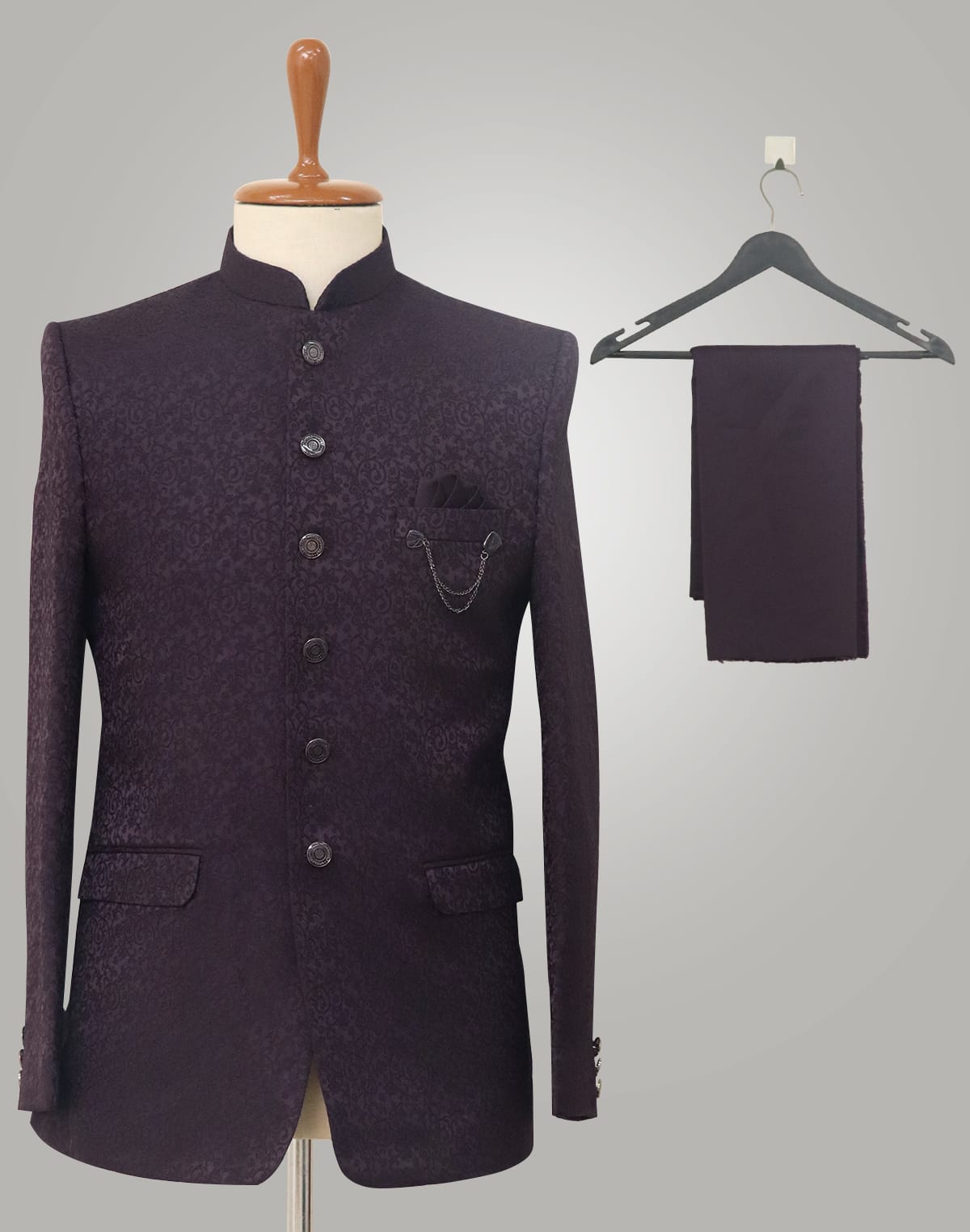 Purple Self Design Brocade Bandhgala Set