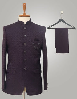 Collection of Purple Self Design Brocade Bandhgala Set in a gallery layout