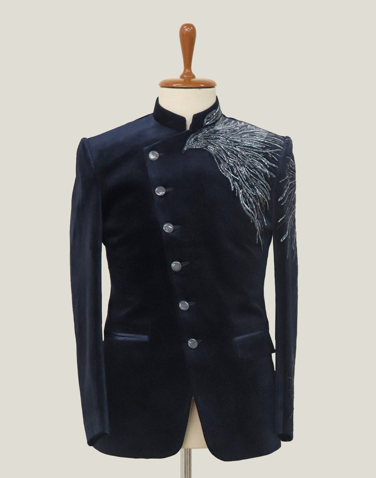 Classic Blue Velvet Cutdana work Bandhgala Suit