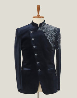 Collection of Classic Blue Velvet Cutdana work Bandhgala Suit in a gallery layout