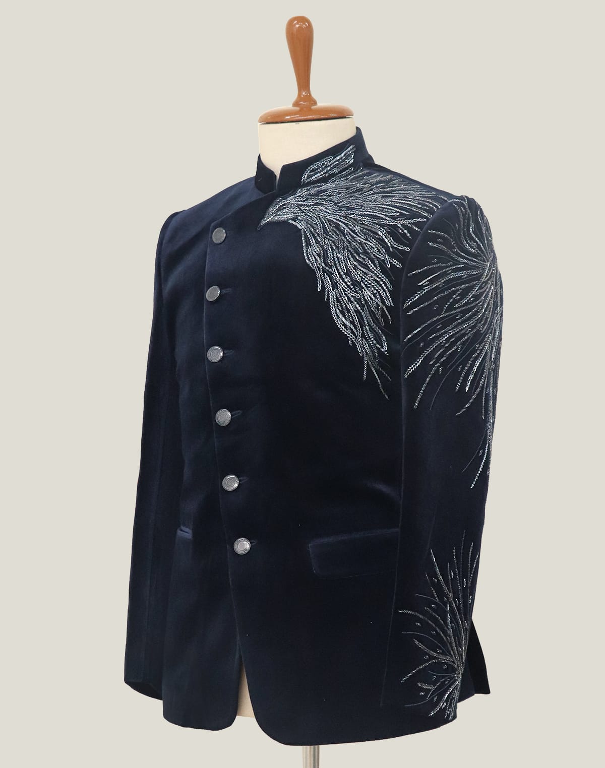 Collection of Classic Blue Velvet Cutdana work Bandhgala Suit in a gallery layout