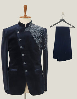 Collection of Classic Blue Velvet Cutdana work Bandhgala Suit in a gallery layout