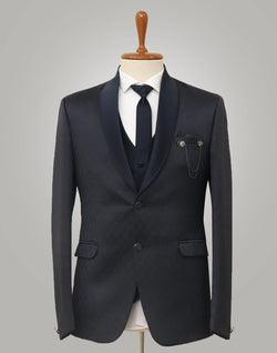 Collection of Navy Blue Jacquard Party Wear Designer Suit in a gallery layout