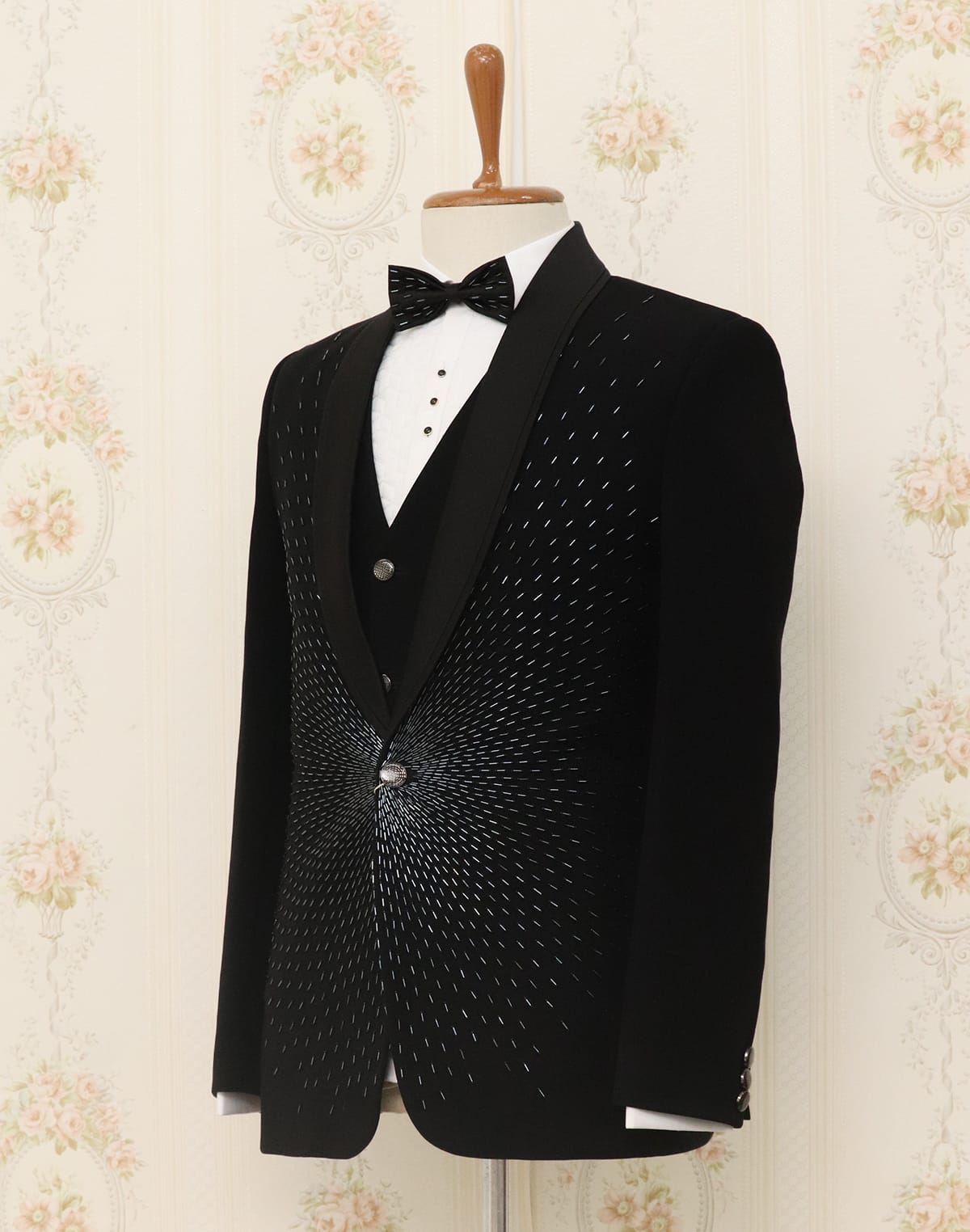 Collection of Black Cutdana work Polynosic 5PC Tuxedo Designer Suit in a gallery layout