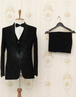 Collection of Black Cutdana work Polynosic 5PC Tuxedo Designer Suit in a gallery layout