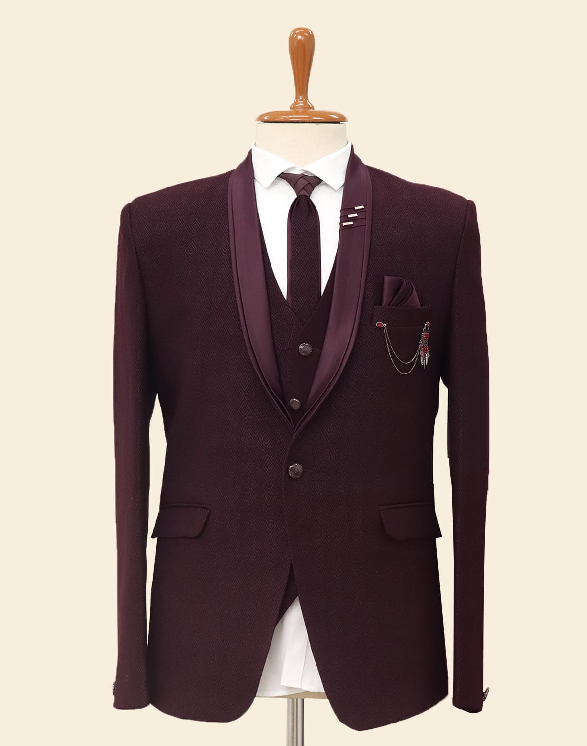 Graceful Maroon Jacquard 5PC Designer Suit