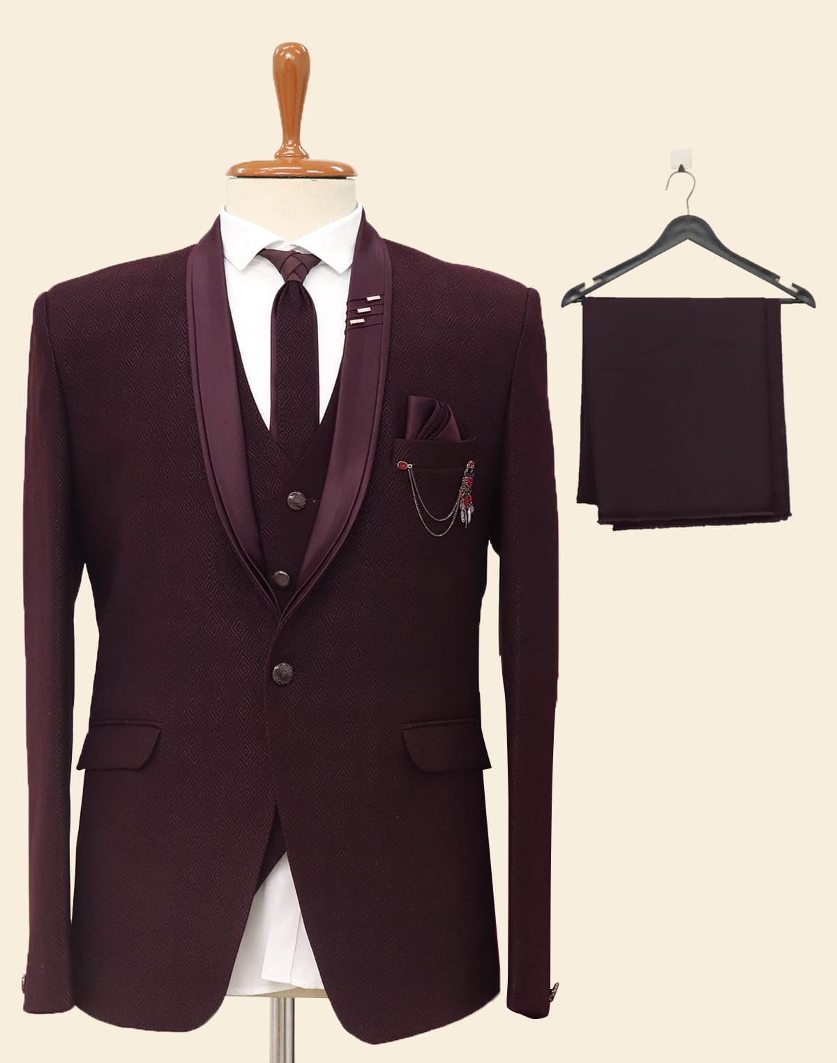 Graceful Maroon Jacquard 5PC Designer Suit