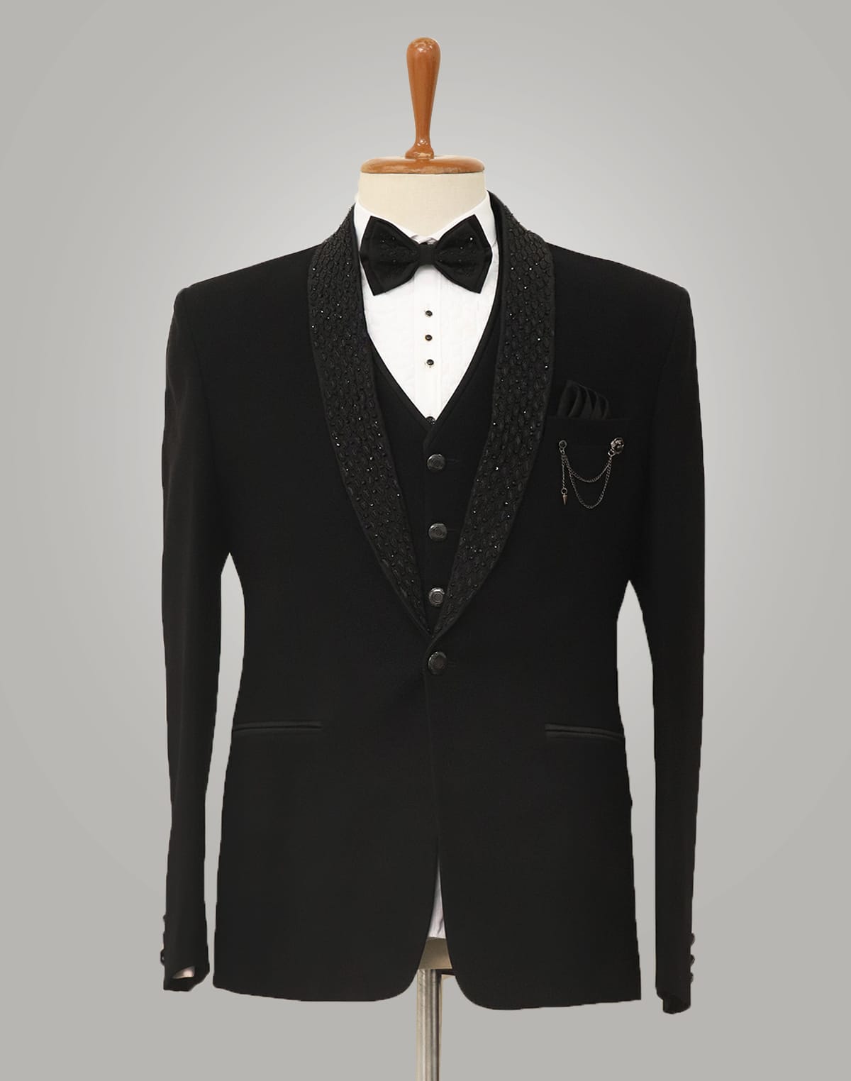 Collection of Shawl Lapel Black 5 Pc Tuxedo Polynosic Suit in a gallery layout