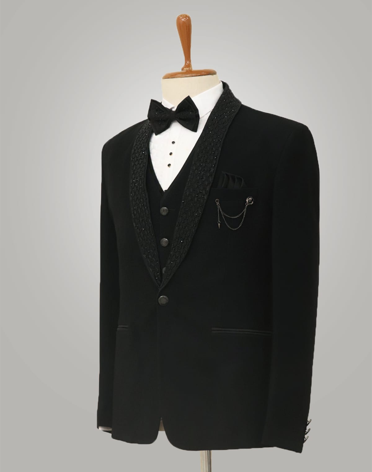 Collection of Shawl Lapel Black 5 Pc Tuxedo Polynosic Suit in a gallery layout