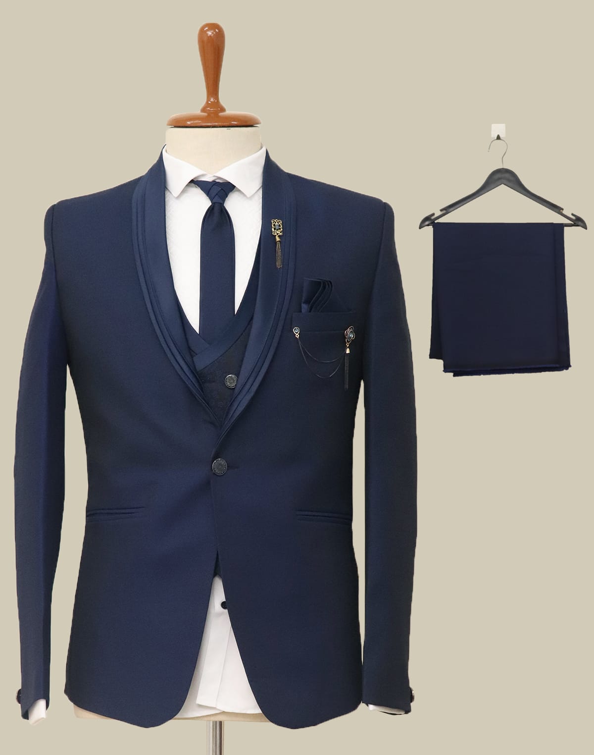 Collection of Stylish Royal Blue Solid Jacquard 5 PC Designer Suit in a gallery layout