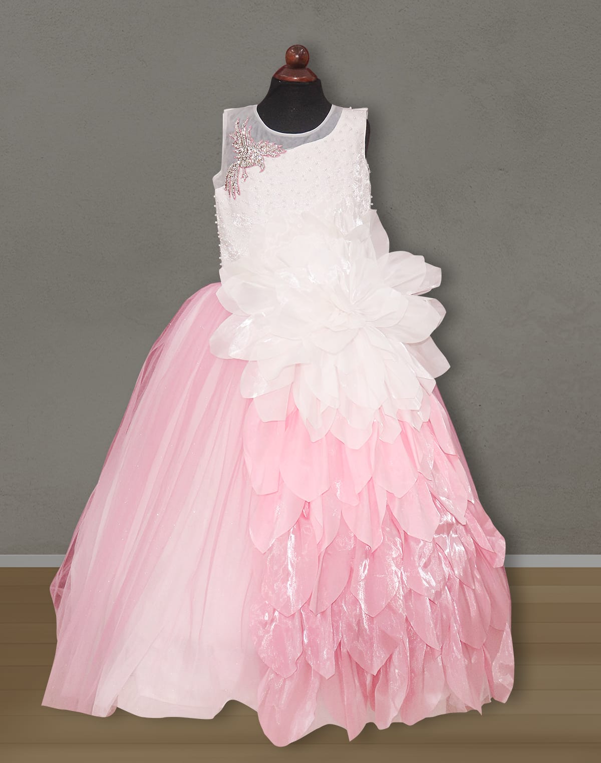 Collection of White and Pink Embossed with Pearls work Netted Frock in a gallery layout