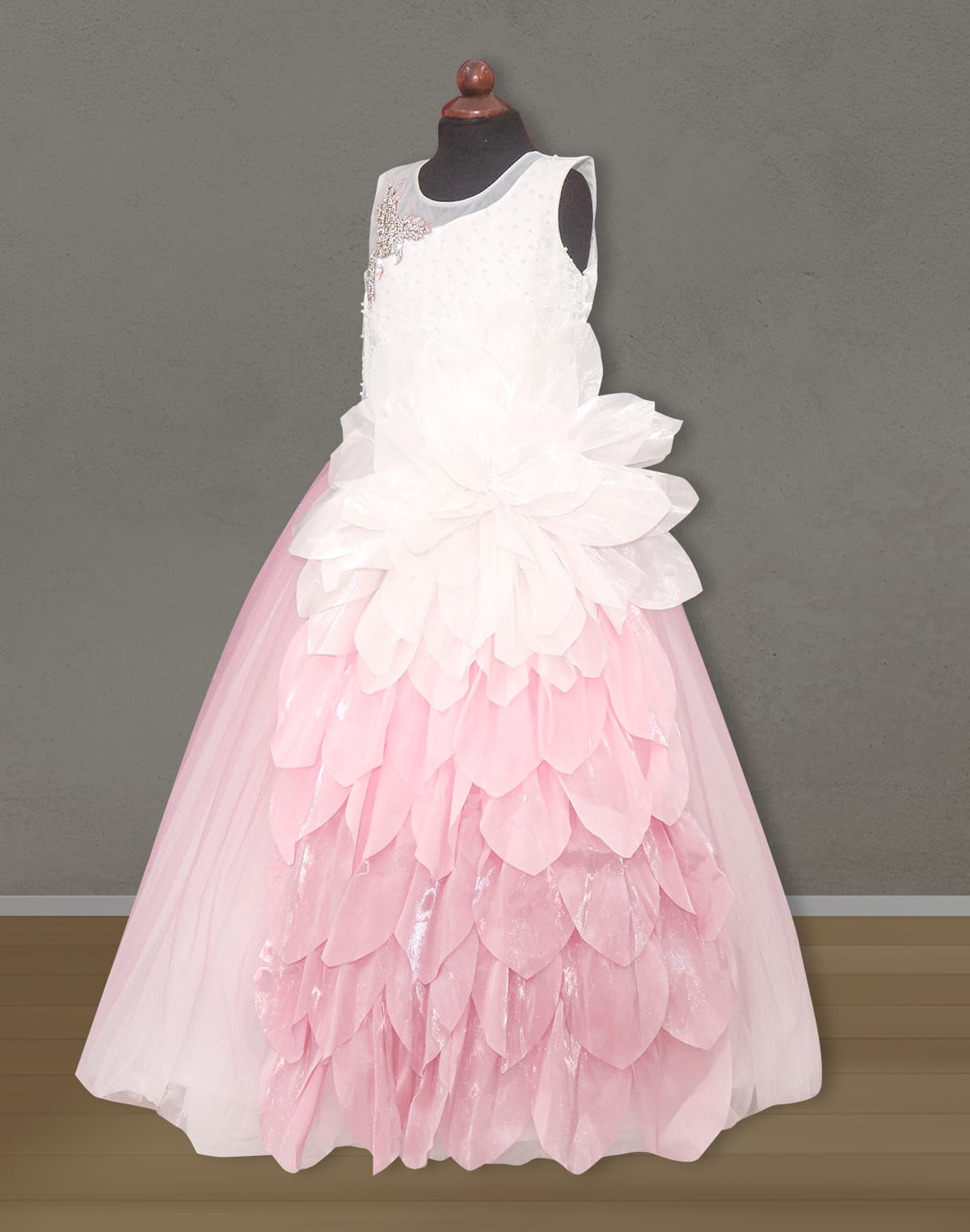 Collection of White and Pink Embossed with Pearls work Netted Frock in a gallery layout