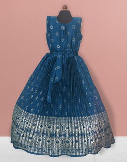 Collection of Blue Mica Print Crush with Sation fabric Party Wear Frock in a gallery layout