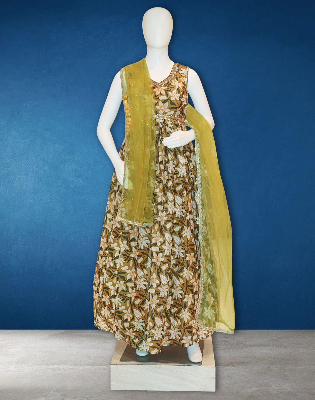 Designer Mustard colour Floral Crape flared Gown with Netted Dupatta