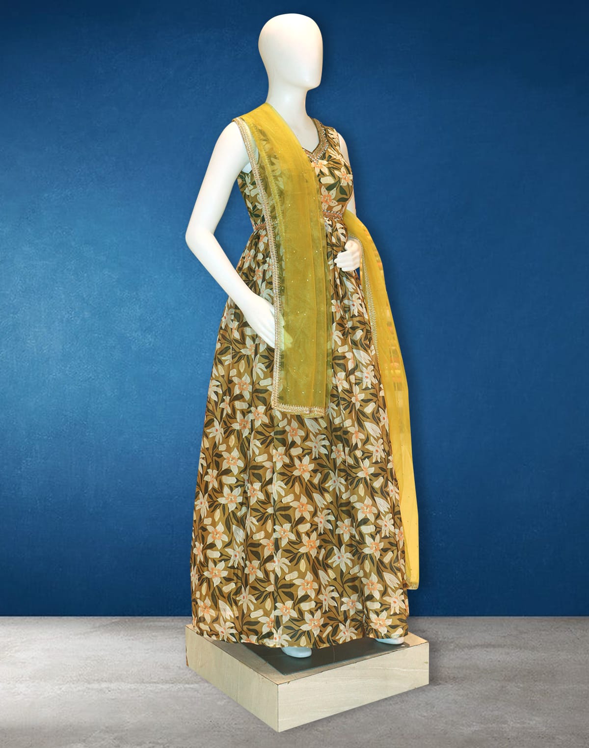 Collection of Designer Mustard colour Floral Crape flared Gown with Netted Dupatta in a gallery layout