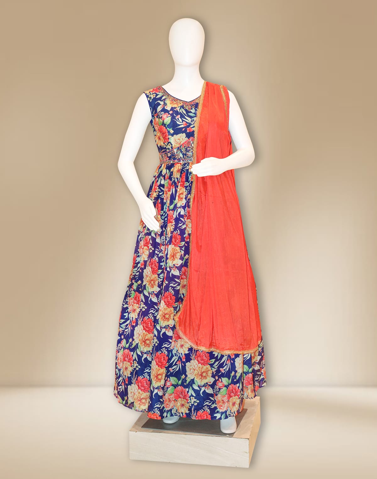 Purple Floral Print Crape Long Dress with Dupatta