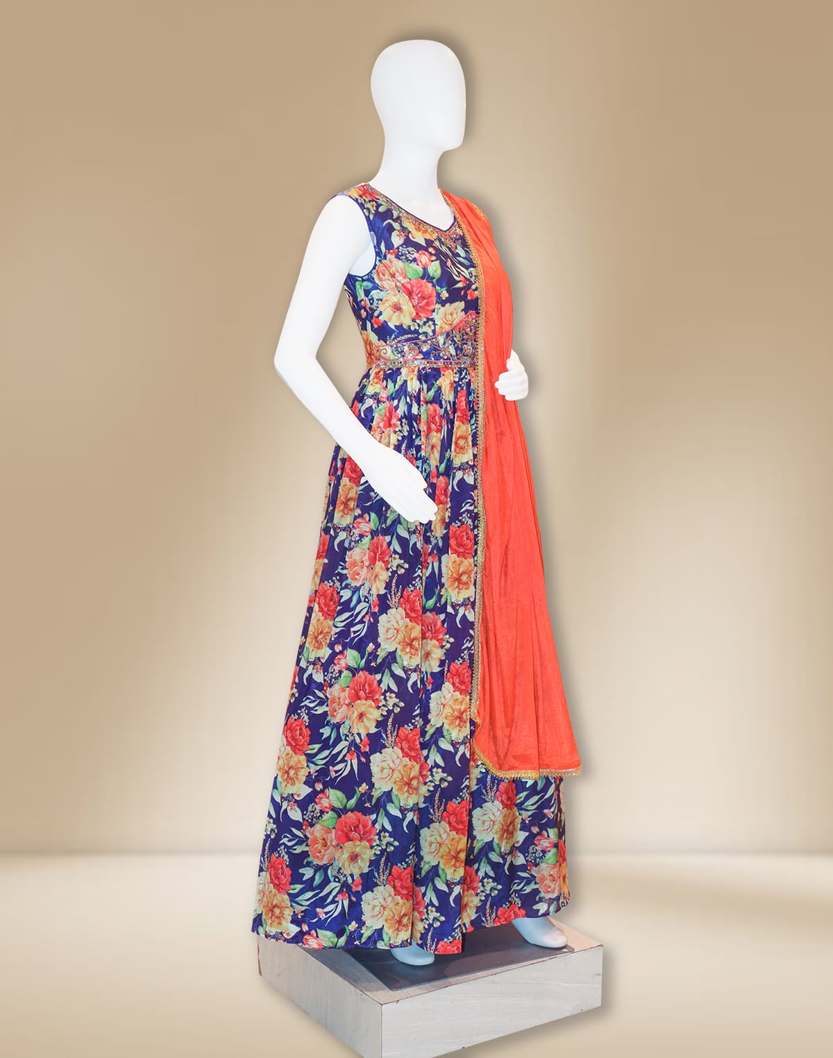 Collection of Purple Floral Print Crape Long Dress with Dupatta in a gallery layout