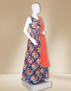 Collection of Purple Floral Print Crape Long Dress with Dupatta in a gallery layout