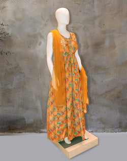 Collection of Mustard Crape Fabric Long Frock with Dupatta in a gallery layout