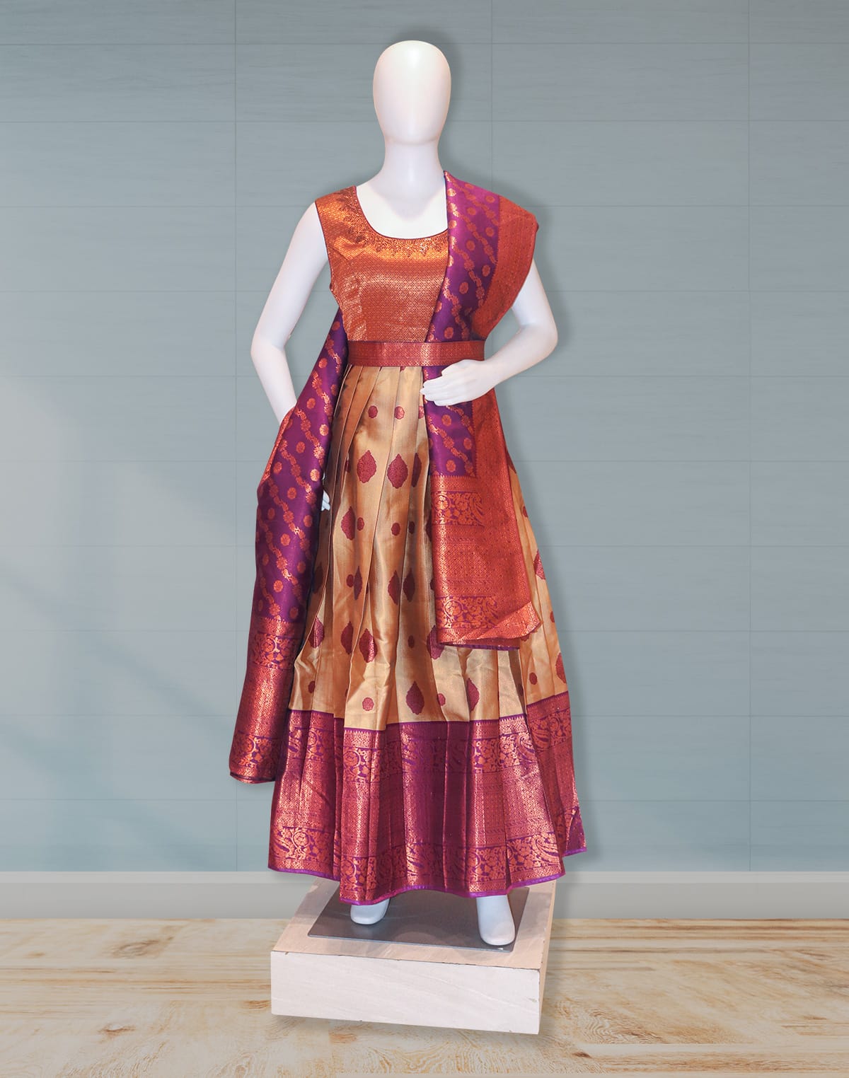 Wine Color Floral Banaras flared Gown with Dupatta