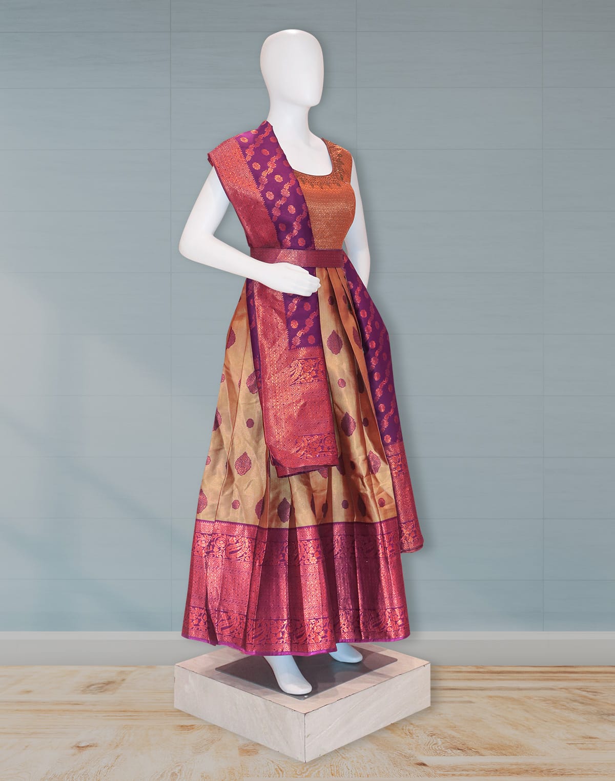 Collection of Wine Color Floral Banaras flared Gown with Dupatta in a gallery layout