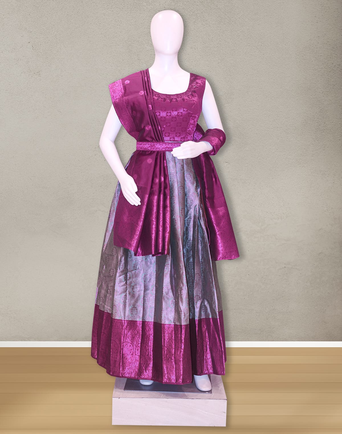 Collection of Dark Grey and Wine Coloured Banaras Gown with Dupatta in a gallery layout