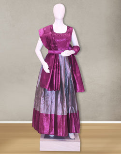 Collection of Dark Grey and Wine Coloured Banaras Gown with Dupatta in a gallery layout