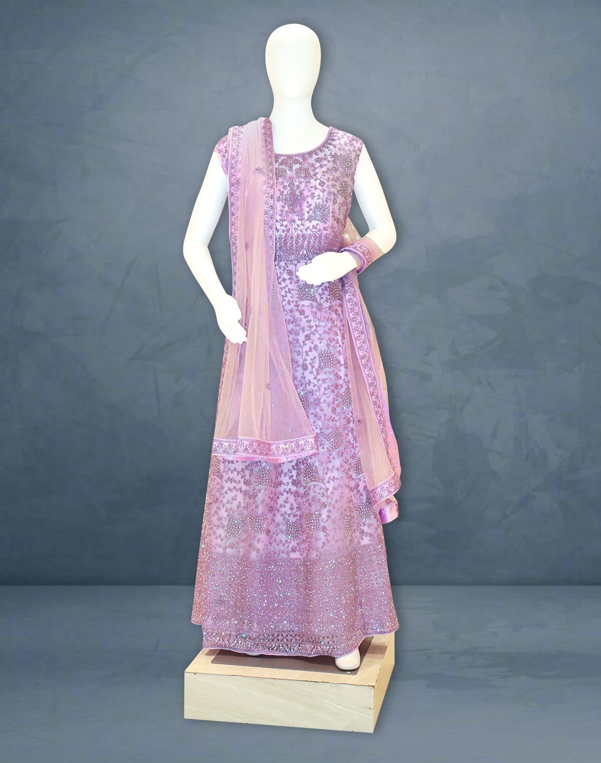 Light Purple fully flared Netted Stones work Gown with Dupatta