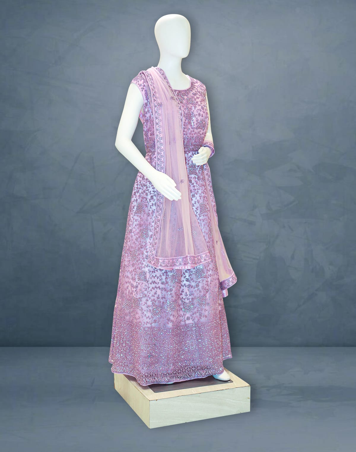 Light Purple fully flared Netted Stones work Gown with Dupatta