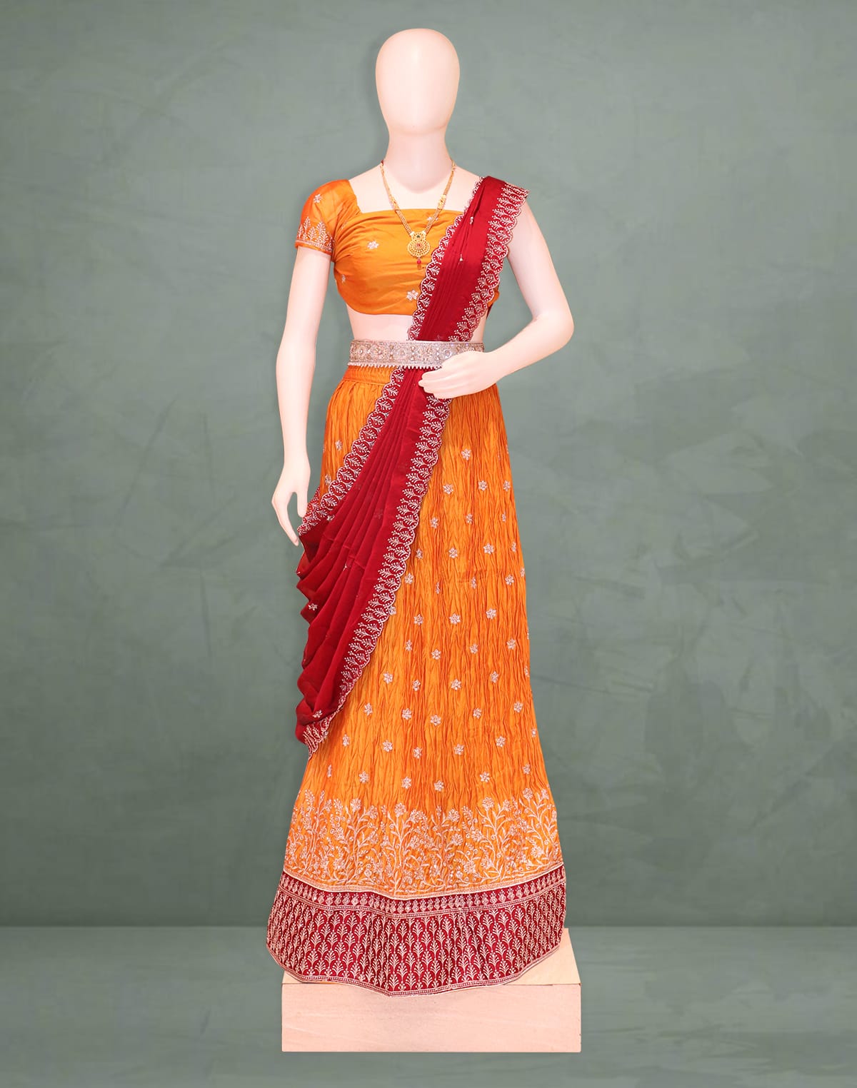 Mustard Floral silver Thread Embroidery work Crape Fabric Half Saree