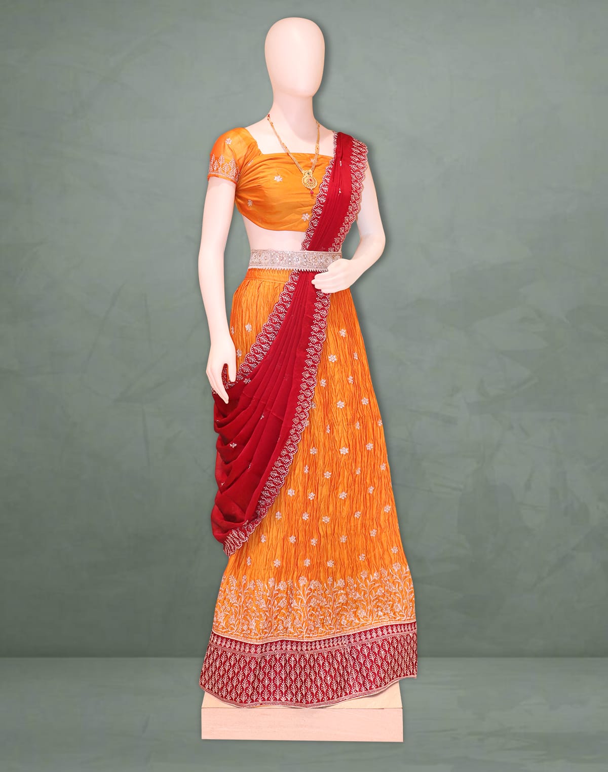 Mustard Floral silver Thread Embroidery work Crape Fabric Half Saree