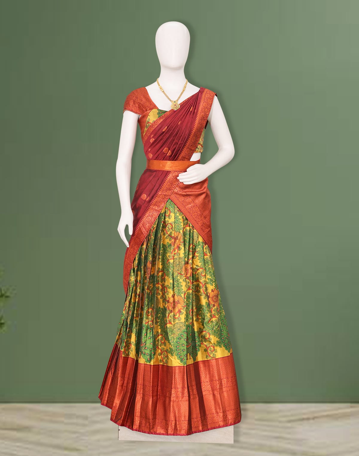 Collection of Floral Print Mustard Colour Half Saree with Belt in a gallery layout