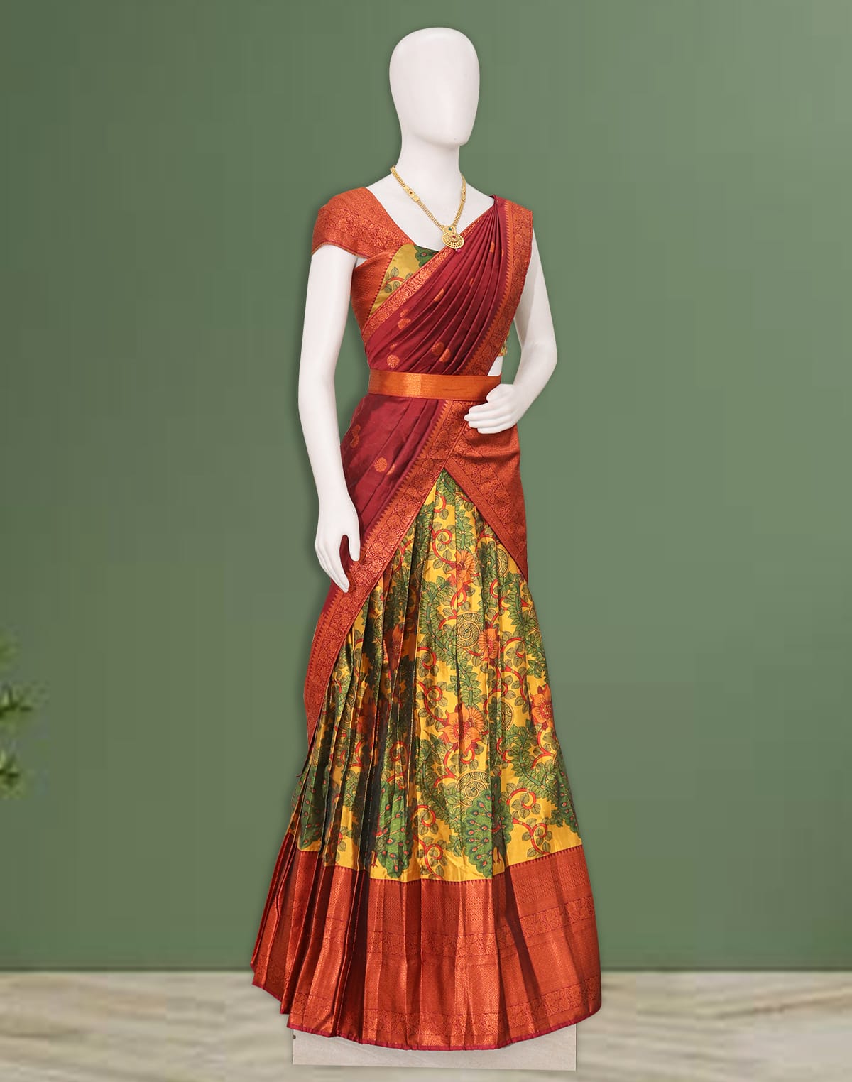 Collection of Floral Print Mustard Colour Half Saree with Belt in a gallery layout