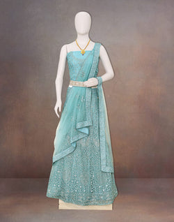 Collection of Elegant party wear Sea Green Stones with Embroidery work fully flared Netted lehenga set in a gallery layout