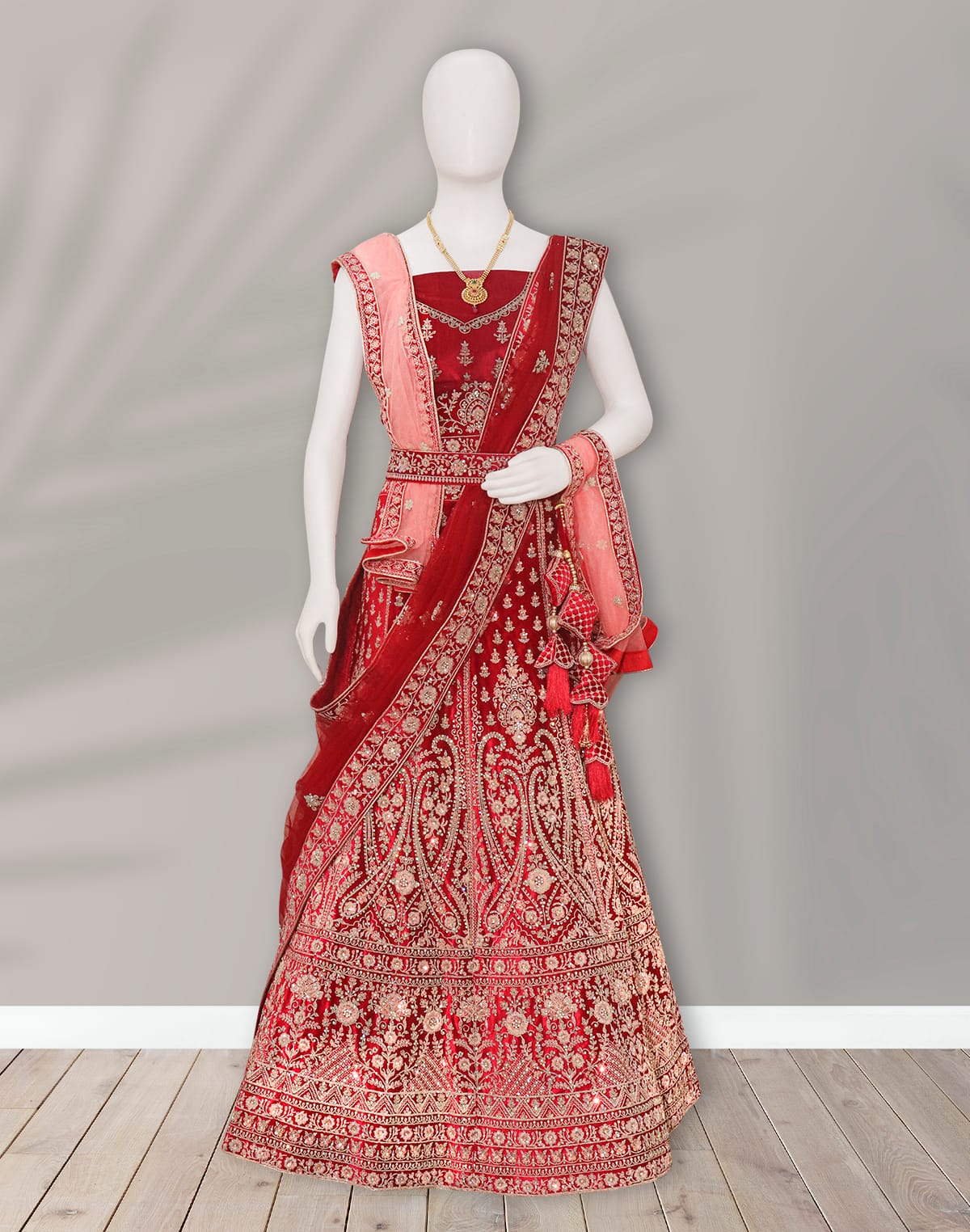 Designer Red all over beautiful Zardosi work Velvet Half Saree with Belt