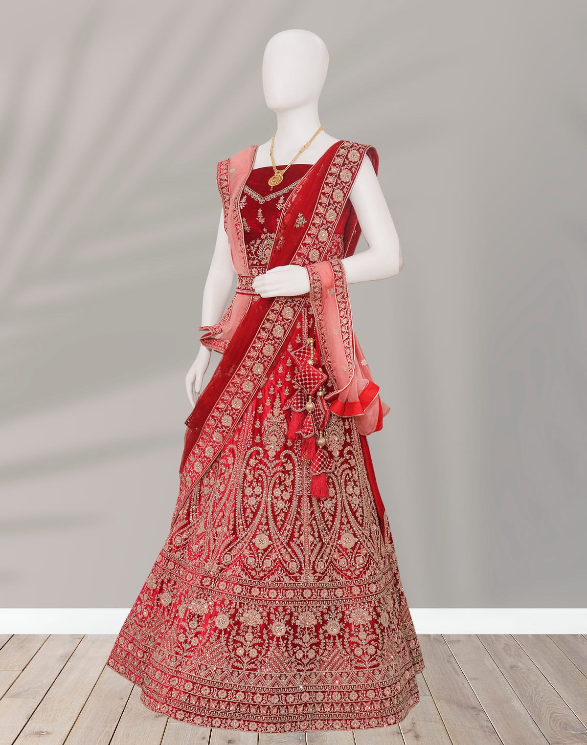 Collection of Designer Red all over beautiful Zardosi work Velvet Half Saree with Belt in a gallery layout