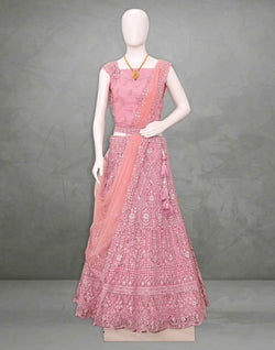 Collection of Designer party wear Light Pink all over Mirror work fully flared Netted Half Saree with Belt in a gallery layout