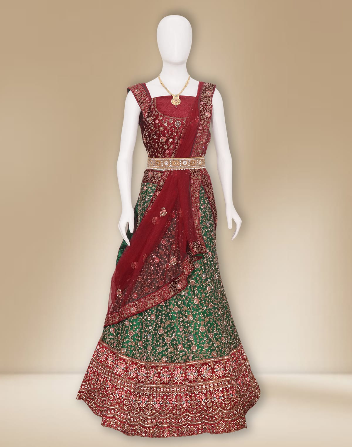 Green Netted Stones work  Half Saree with Contrast Maroon Colour Velvet Border