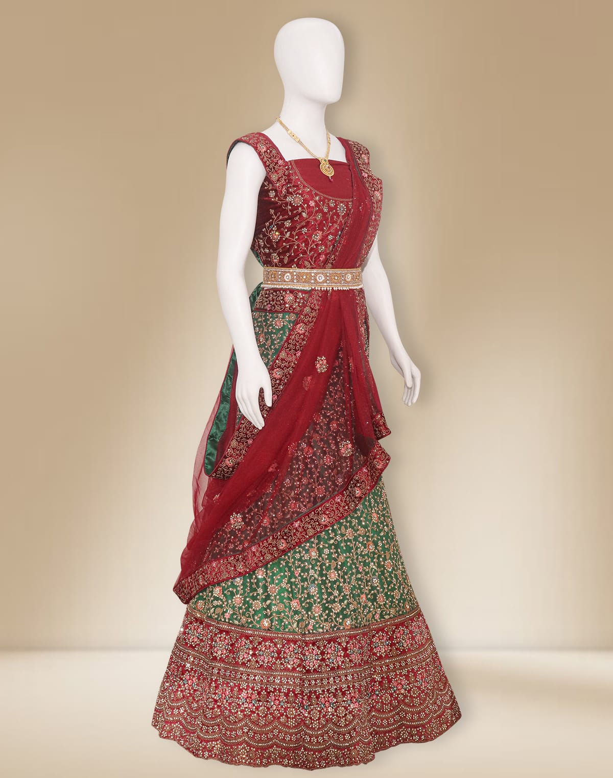 Green Netted Stones work  Half Saree with Contrast Maroon Colour Velvet Border